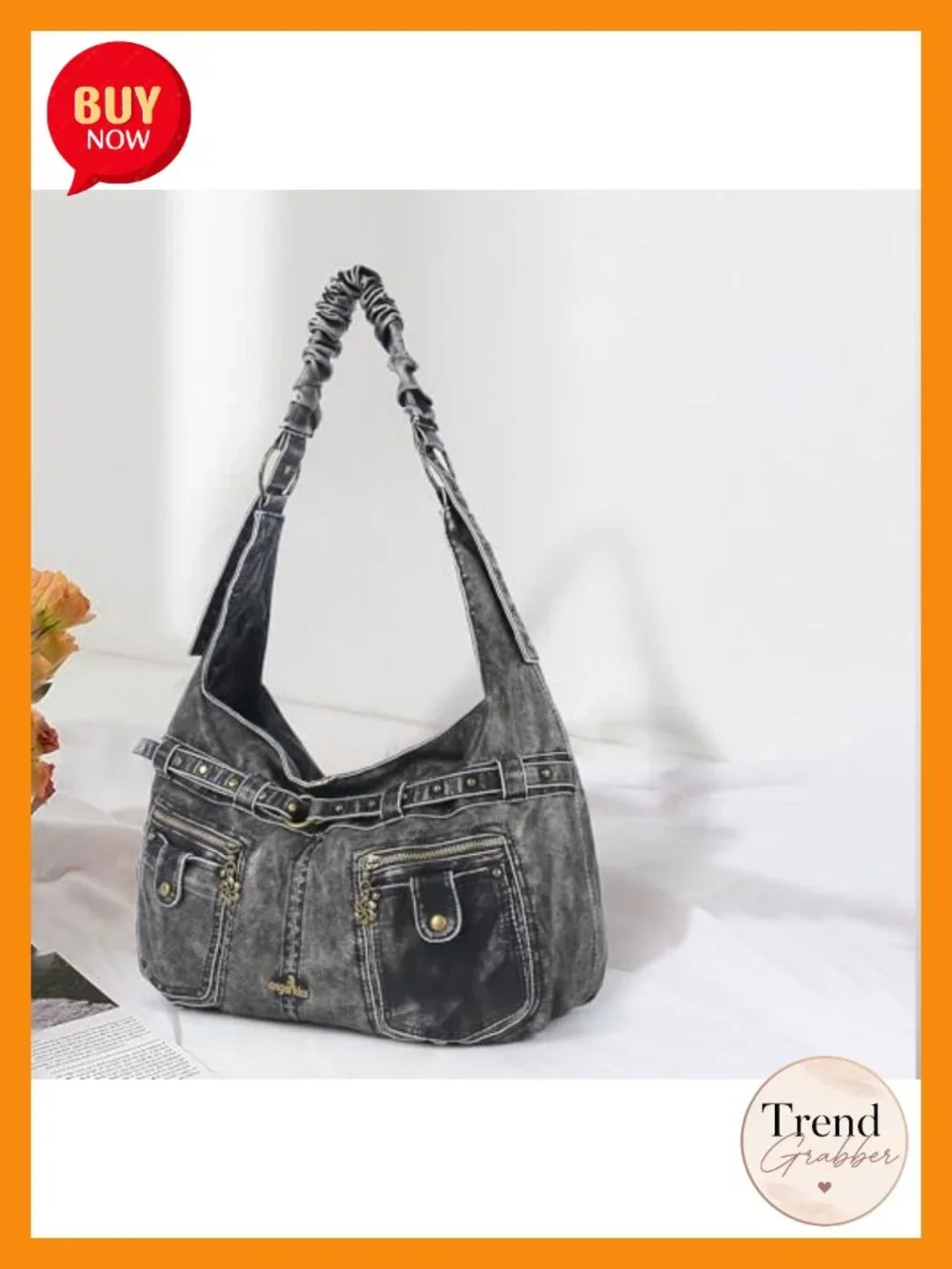 Large Hobo Shoulder Bag Vegan Leather Multi-Pocket Tote with Studs